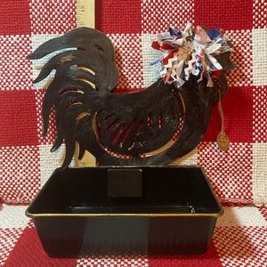 Black with gold trimming Rooster named “Wish” bird feeder, recipe card holder
